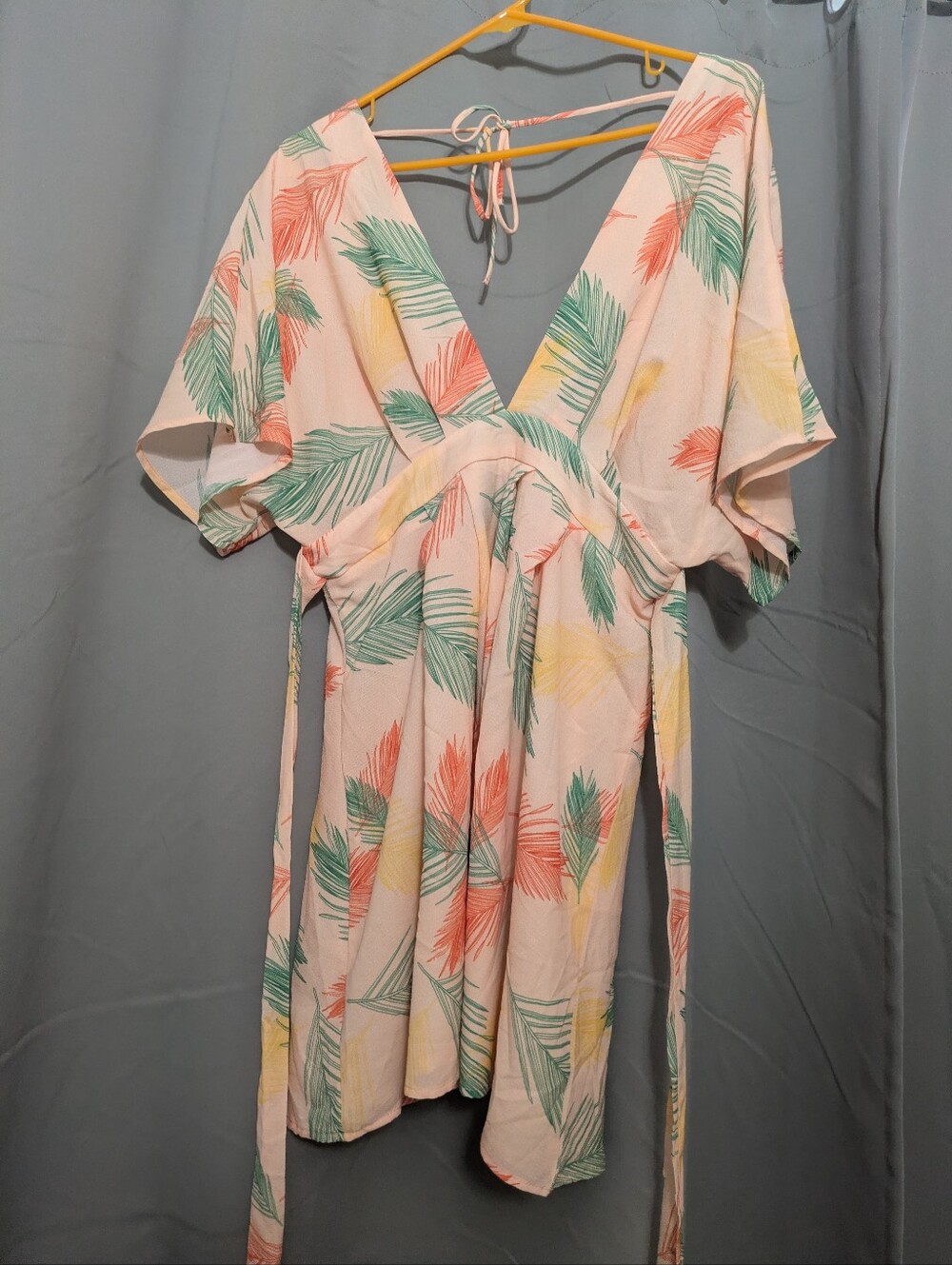Flowy Palm-Print Mini Dress Tropical Palm Butterfly Sleeve Large